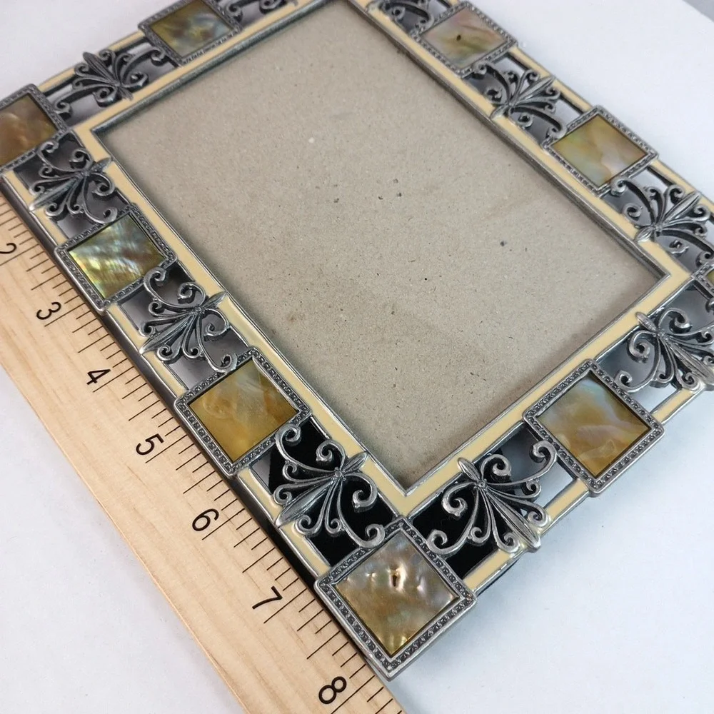 Vintage Picture 4 x 6 Mother of Pearl Enamel and Metal Picture Frame